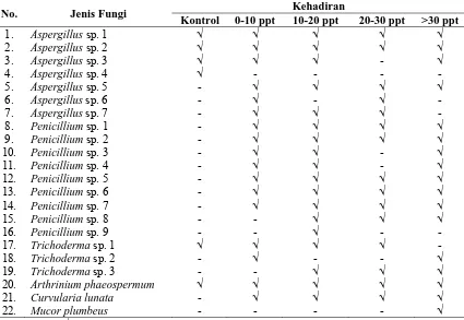 Tabel 1. Jenis-jenis      Fungi     pada     Serasah    Daun    A. marina     yang     Belum                 Mengalami   Proses   Dekomposisi   (Kontrol)   dan  yang  Telah  Mengalami               Dekomposisi  pada  Berbagai Tingkat Salinitas
