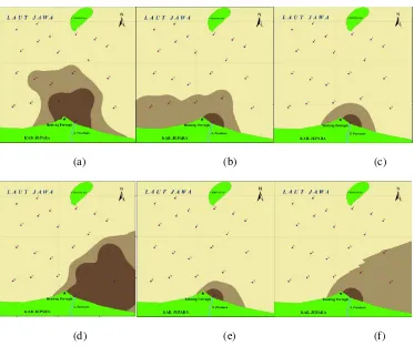 Gambar 6. Sebaran MPT  (a) Saat Pasang Pada Lapisan Permukaan; (b) Saat Pasang Pada Lapisan Tengah; (c) Saat Pasang Pada Lapisan Dasar; (d) SaatSurutPada Lapisan Permukaan; (e) Saat SurutPada Lapisan Tengah; (f) Saat Surut Pada LapisanDasar