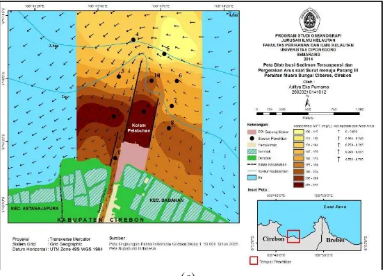 Gambar 4.  Peta Sebaran Sedimen Tersuspensi dan Pola Pergerakan Arus saat Surut menuju Pasang                    (a)