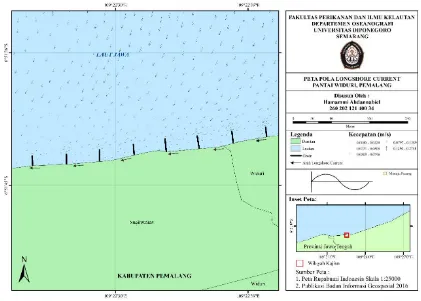 Tabel 3. Hasil Perhitungan Dan Arah Kecepatan Arus Sejajar Pantai (Longshore Current)  Setiap Musim Pantai Widuri Barat Peralihan 1 Timur Peralihan 2 