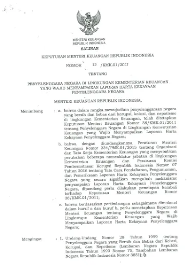 Keputusan Menteri Keuangan Nomor 13 KMK.01 2017 Tentang Penyelenggaraan ...