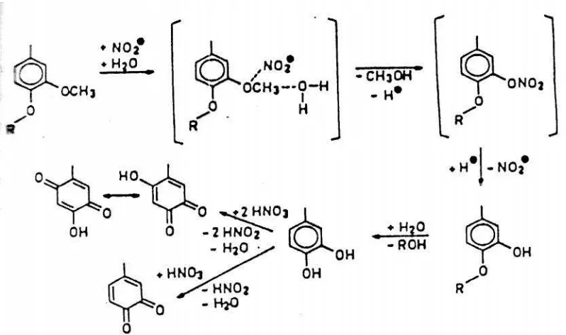 Gambar 2-12.Reaksi Oksidasi Dari Struktur Lignin Melalui Ion Nitronium(KORDSACHIA, 1984).