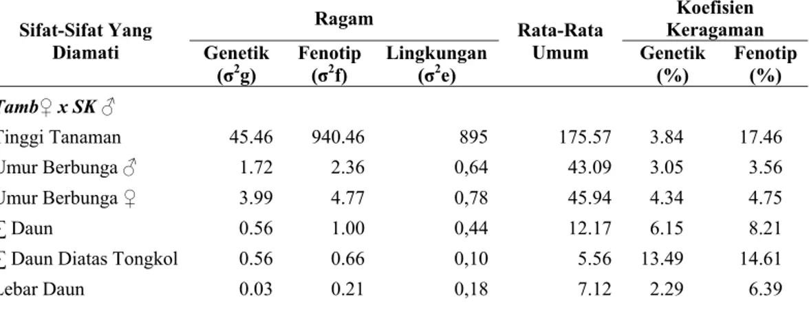 Tabel 2. Koefisien Keragaman Genetik dan Fenotip beberapa Sifat Hasil Persilangan antara jagung  Tambin  (♀)  X varietas introduksi Srikandi Kuning  (♂) 