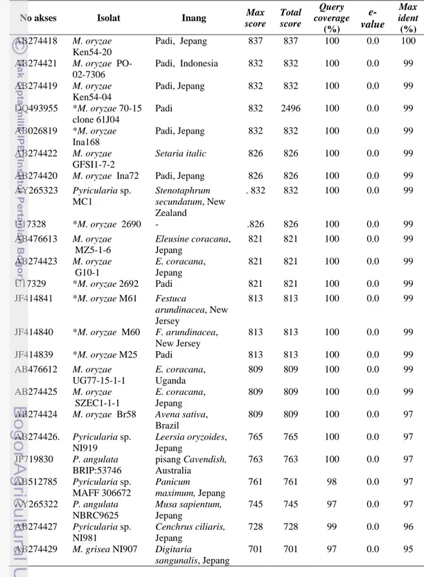 Tabel 15  Hasil BLAST sekuen ITS beserta 5.8S rDNA (hasil amplifikasi primer  universal its1 dan its4) Pyricularia d4 asal rumput Digitaria ciliaris  No akses  Isolat  Inang  Max 