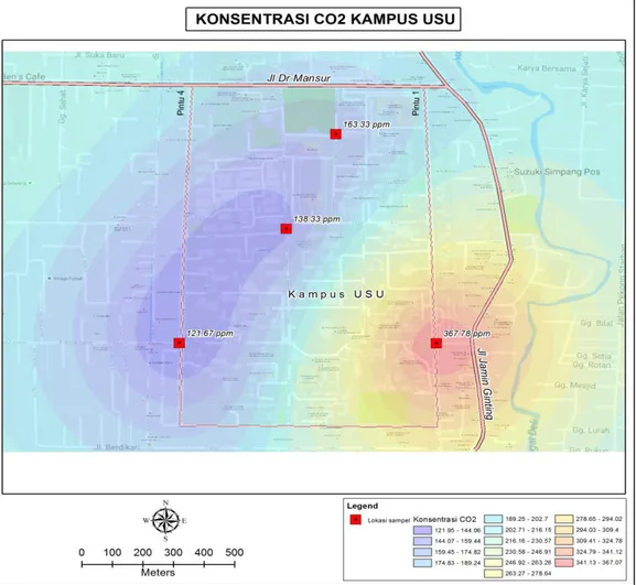 Gambar 5. Peta Sebaran Konsentrasi CO 2  di Kampus USU 