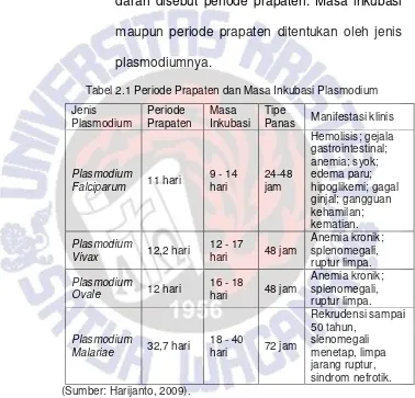 Tabel 2.1 Periode Prapaten dan Masa Inkubasi Plasmodium 