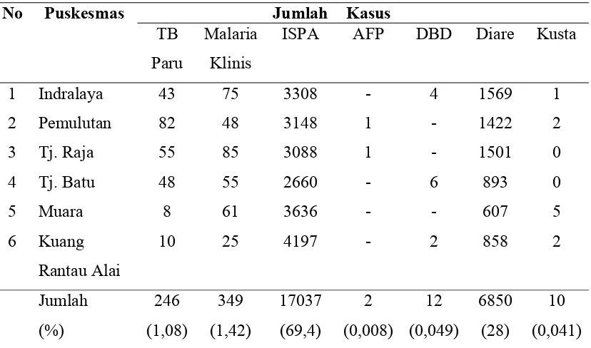 Tabel 4.5   Distribusi Penyakit yang diamati  Puskesmas di Kabupaten Ogan Ilir Tahun 2006  