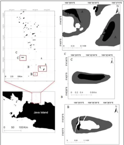 Gambar 1. Lokasi penelitian di pulau Pramuka (A1), Panggang (A2), Air (B) dan Kotok Besar (C).