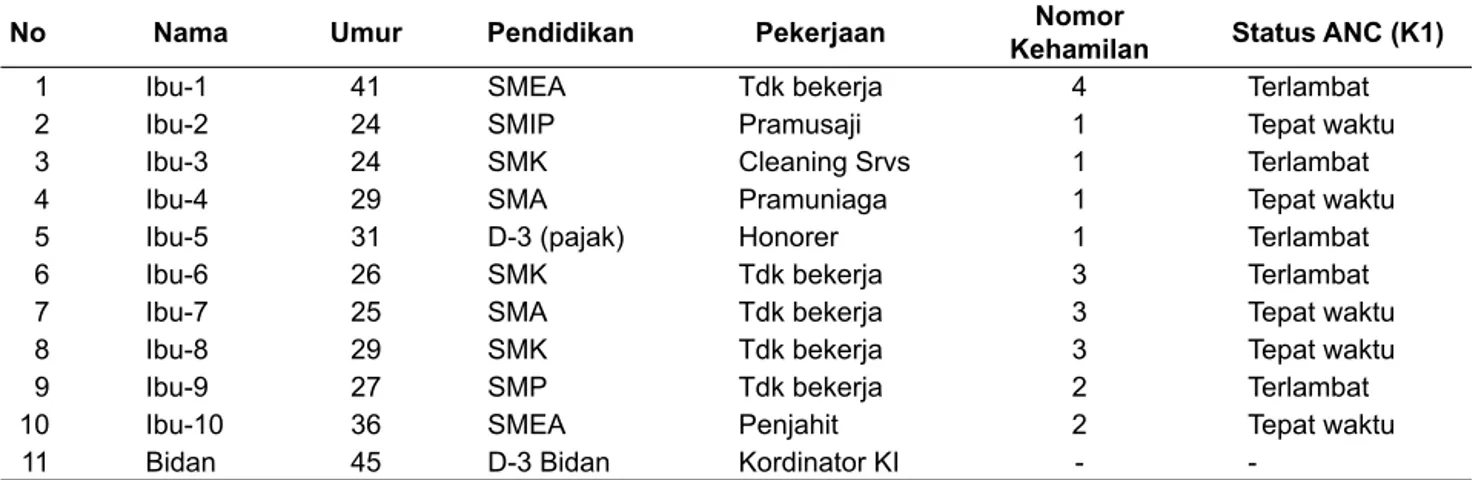 Tabel 1.  Karakteristik Informan dan Status Kunjungan Antenatal di Puskesmas Pasanggrahan Tahun 2010 