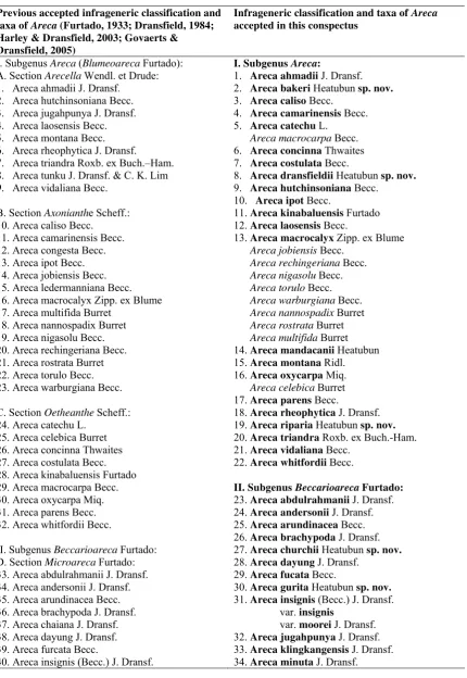 Table 1. Comparison of previously recognised taxa and infrageneric classification in Arecawith taxa and infrageneric classification recognised in this conspectus