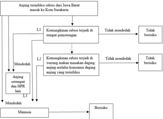 Gambar 2.   Alur tapak penilaian pendedahan masuknya rabies melalui anjing konsumsi dari Provinsi  Jawa Barat ke Kota Surakarta