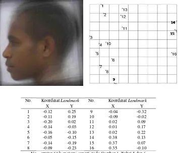 Gambar 4. Visualisasi wajah umum, grid deformasi, dan koordinat landmark wajah samping pria Suku Arfak yang dikonstruksi dari wajah gabungan 37 orang berdasarkan 16 titik anatomi  