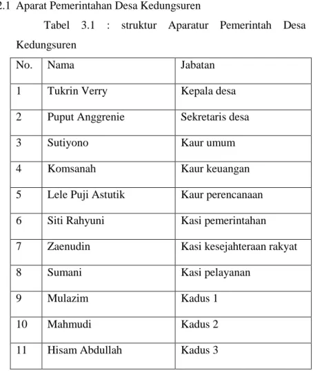 Tabel  3.1  :  struktur  Aparatur  Pemerintah  Desa  Kedungsuren  
