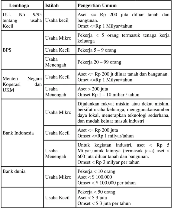 Tabel 1.Ragam Pengertian Umum Usaha Mikro, Kecil dan Menengah 