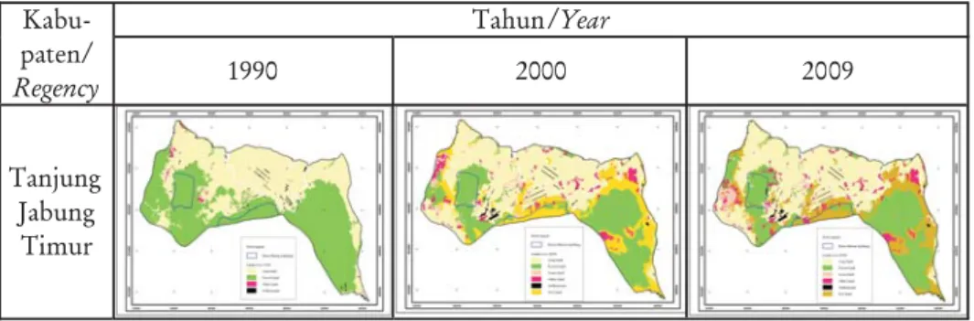 Gambar 2. Perubahan tutupan lahan di hutan lindung Kabupaten Tanjung Jabung Timur pada tahun 1990, 2000 dan 2009