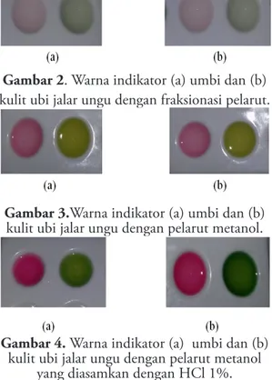 Gambar 2 . Warna indikator (a) umbi dan (b)  kulit ubi jalar ungu dengan fraksionasi pelarut.