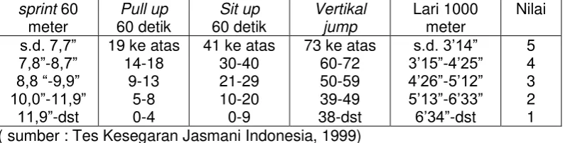 Tabel 3.3 Nilai Tes Kesegaran Jasmani 