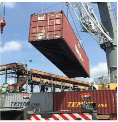 Gambar 4. Proses stevedoring, container dipindahkan keatas truk, buruh berada          diatas container di truk sebelahnya 