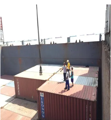 Gambar 11. Proses cargodoring,  buruh terlalu lama berdiri di atas container           menunggu pemasangan sling selanjutnya untuk mengangkat                  container 