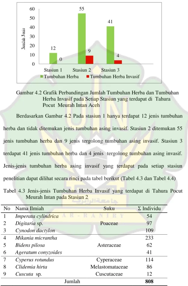 Gambar 4.2 Grafik Perbandingan Jumlah Tumbuhan Herba dan Tumbuhan        Herba Invasif pada Setiap Stasiun yang terdapat di  Tahura              Pocut  Meurah Intan Aceh 
