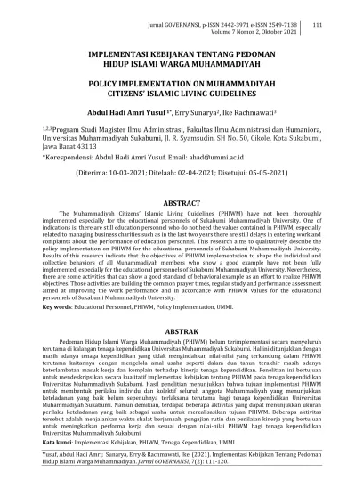 IMPLEMENTASI KEBIJAKAN TENTANG PEDOMAN HIDUP ISLAMI WARGA MUHAMMADIYAH ...