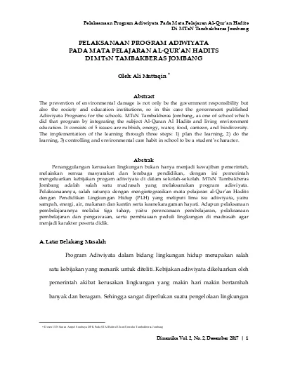 Pelaksanaan Program Adiwiyata Pada Mata Pelajaran Al-Qur'an Hadits Di ...