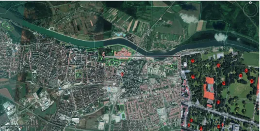 Fig. 1. Map of Osijek and surrounding area (parks are marked green). Right bottom is a detail of 