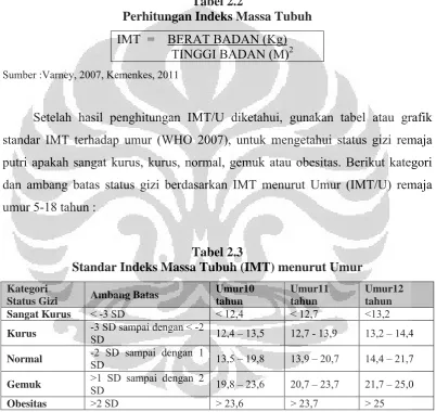 Tabel 2.2Perhitungan Indeks Massa Tubuh