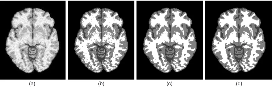 Fig. 1. Comparison of segmentation results on a two-class synthetic image corrupted by 5% Gaussian noise: the original image (a), FCMresult (b), and PFCM result (c).
