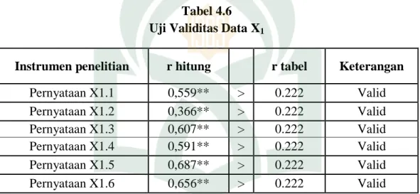 Tabel 4.6  Uji Validitas Data X 1 