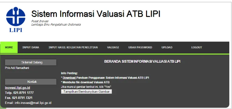 Gambar 3. Tampilan Beranda Sistem informasi Valuasi ATB LIPI 
