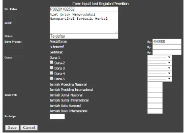 Gambar 5. Contoh Tampilan Form Input Hasil Kegiatan Penelitian 