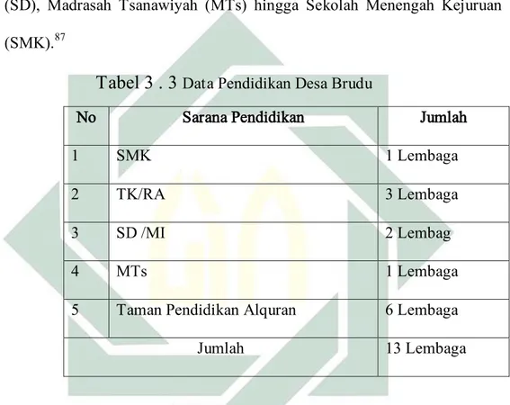 Tabel 3 . 3  Data Pendidikan Desa Brudu 