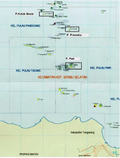 Gambar 1. Pulau Tempat Pengambilan Contoh Karang Lunak (Kotak Hitam) di Kepulauan Seribu, DKI Ja-    karta (Dishidros TNI AL 1998, Bakosurtanal 2000, DP2T DKI, Jakarta in Subagio, 2003) 