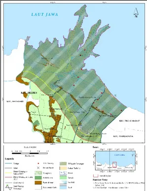 Gambar 4. Peta Genangan Banjir Pasang Tahun 2017 dan Prediksinya pada Tahun 2022 di Kecamatan  Brebes, Kabupaten Brebes 