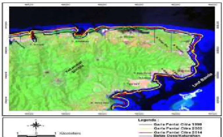 Gambar 3. Overlay garis pantai Citra Landsat Tahun 1990, 2002, dan 2014 (RGB-653)  Berdasarkan  overlay  citra  satelit 