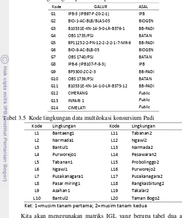 Tabel 3.4   Daftar galur-galur padi sawah pada data multilokasi konsursium Padi 