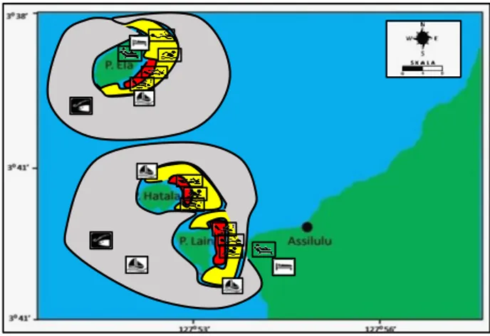 Gambar 3.  Peruntukan kawasan : Zona inti (merah); zona pemanfaatan terbatas (kuning); zona  perikanan berkelanjutan (abu-abu) dan zona lainnya (perairan di luar ke-3 zona) 