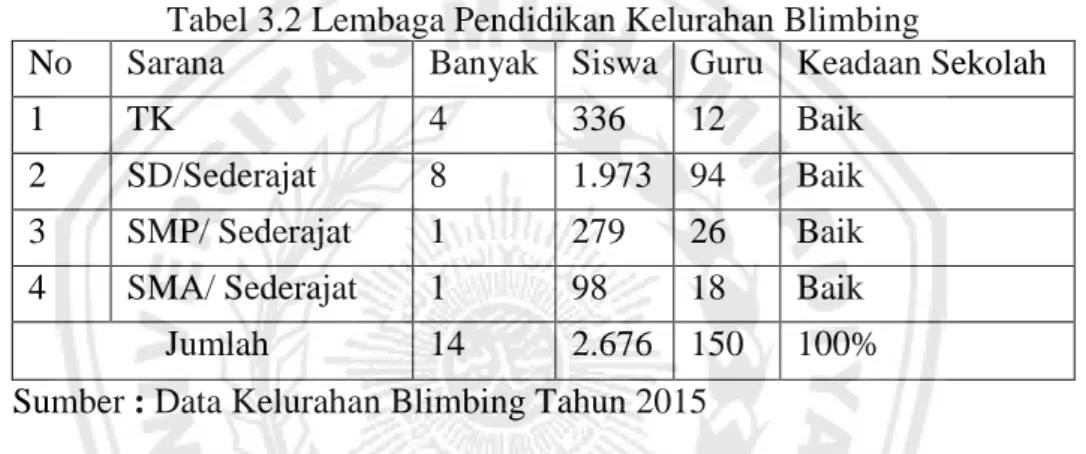 Tabel 3.2 Lembaga Pendidikan Kelurahan Blimbing 