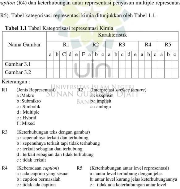 Tabel  kategorisasi  representasi  kimia  yang  digunakan  merupakan  pengembangan dari kriteria representasi kimia Gkitzia