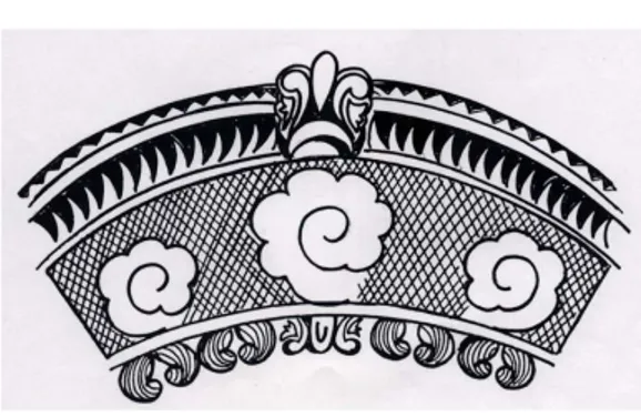 Gambar 8. Ornamen hiasan mahkota  topeng berukir pola bunga sederhana   Ornamen  untuk  satria  yang  berwatak  gagah,  seperti  Kartolo  atau  Brajanata  seringkali  menggunakan  ukiran  berbentuk  bunga  yang  diukir  simetris,  tujuannya  untuk  menampa