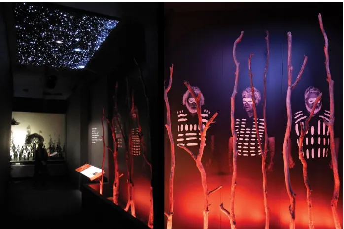 FIGURE 16.3 Maree Clarke, Bunjilaka, Melbourne Museum.Photos: Peter Wilson (Meen Warrann (smallpox) in the First Peoples exhibition, left) and Dianna Snape (right)