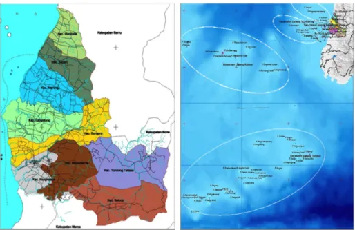 Gambar 1. (kiri tampak dari pembaca) Wilayah daratan. Gambar 2. (kanan tampak dari  pembaca) Wilayah kepulauan, Kabupaten Pangkajenne dan Kepulauan  