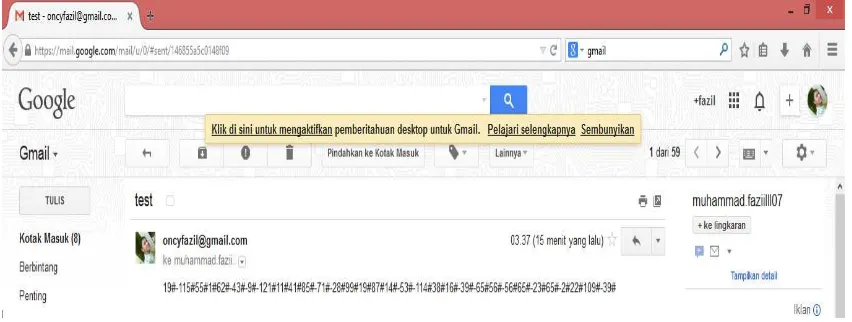 Gambar 5 Tampilan pesan enkripsi di dalam gmail pengirim. 
