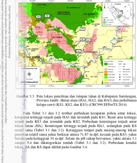 Gambar 3.3  Peta lokasi penelitian dan tutupan lahan di Kabupaten Sarolangun, 