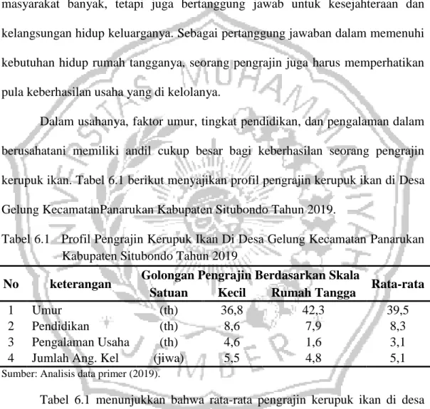Tabel 6.1   Profil Pengrajin Kerupuk Ikan Di Desa Gelung Kecamatan Panarukan      Kabupaten Situbondo Tahun 2019 
