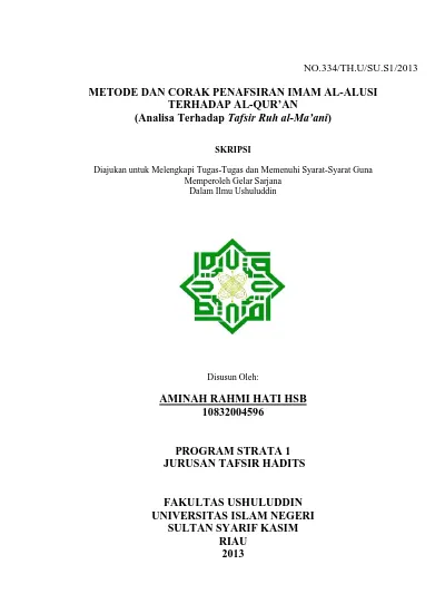 METODE DAN CORAK PENAFSIRAN IMAM AL-ALUSITERHADAP AL-QUR’AN(Analisa ...