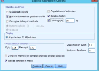 Gambar 5 Kotak dialog d. Klik dan include constant in modeloptions, beri tanda pada , kemudian klik logistic regression save classification plots, hosmer-lemeshow goodness of fit, correlations of estimaes continue 