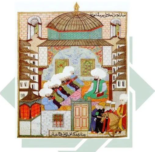 Gambar  2.1  Sebuah  miniatur  yang  menggambarkan  seorang  guru  tertentu  dan  sejumlah besar mahasiswa Enderun di Istana Topkapi, Istanbul