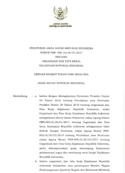 PERATURAN JAKSA AGUNG RI NOMOR 006 TAHUN 2017 TENTANG ORGANISASI DAN ...